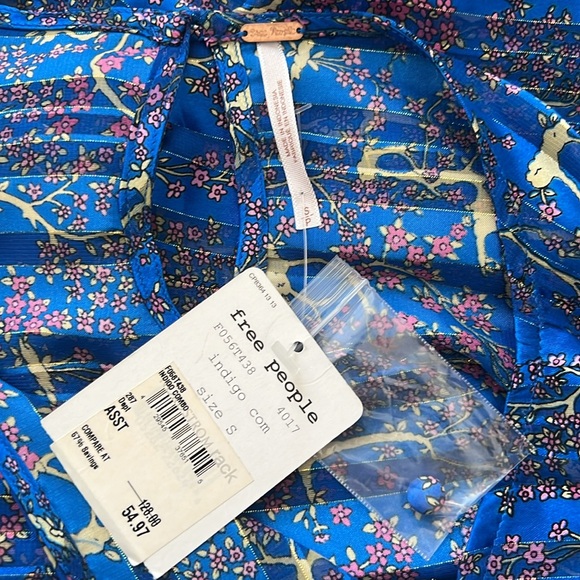 NWT Free People Blue Metallic Print Semi-Sheer Peplum Blouse Small Reg. … - Picture 7 of 11